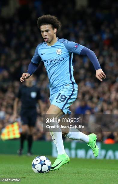 Leroy Sane of Manchester City in action during the UEFA Champions League Round of 16 first leg match between Manchester City FC and AS Monaco at...