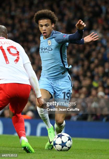 Leroy Sane of Manchester City in action during the UEFA Champions League Round of 16 first leg match between Manchester City FC and AS Monaco at...