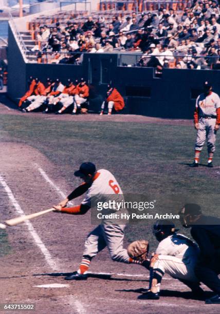 Stan Musial of the St. Louis Cardinals swings at a pitch during an MLB game against the San Francisco Giants on April 23, 1961 at Candlestick Park in...