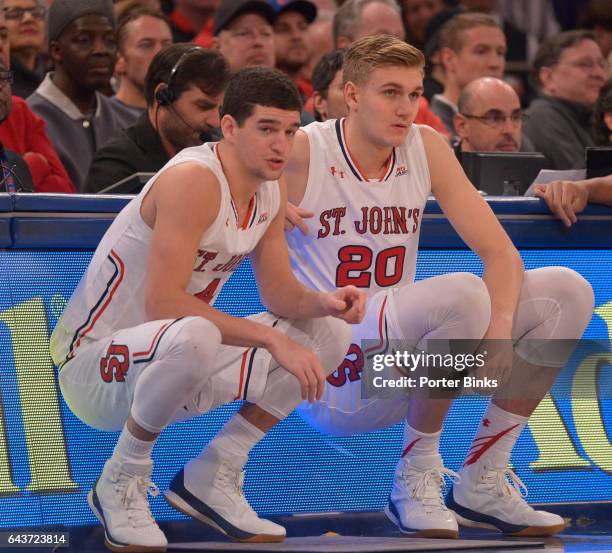 Federico Mussini and Richard Freudenberg of the St. John's Red Storm wait to enter the game against the Xavier Musketeers at Madison Square Garden on...