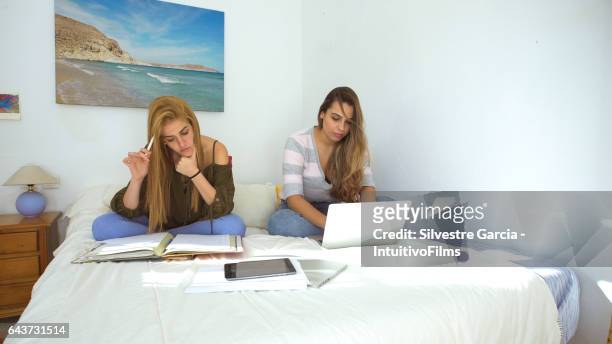 two beautiful girls studying in a bright bedroom with notes and laptop - estudando stock pictures, royalty-free photos & images