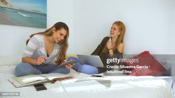 two beautiful girls studying in a bright bedroom with notes and laptop - estudando stock pictures, royalty-free photos & images