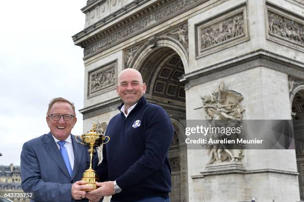 Richard Hills and Thomas Bjorn, Captain for the 2018 Ryder Cup in France, poses with the Ryder Cup Trophy in front of the Arc De Triomphe on February...
