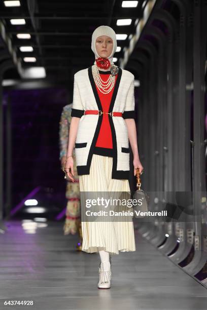 Model walks the runway at the Gucci show during Milan Fashion Week Fall/Winter 2017/18 on February 22, 2017 in Milan, Italy.