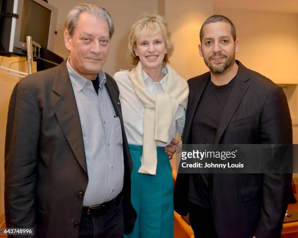 Author Paul Auster, Siri Hustvedt and Magicians David Blaine pose for picture backstage before preforming during An Evening with Paul Auster &...