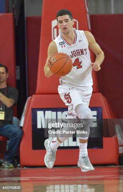 Federico Mussini of the St. John's Red Storm dribbles against the DePaul Blue Demons during a game at Carnesecca Arena on January 16, 2017 in the...