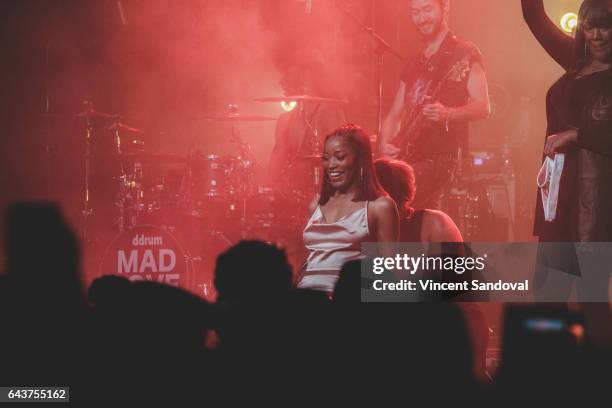 Actress Keke Palmer receives a lap dance from singer JoJo during her performance at The Fonda Theatre on February 21, 2017 in Los Angeles, California.