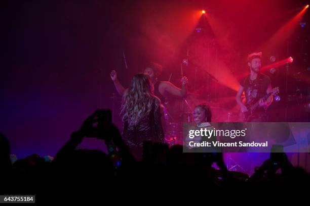 Actress Keke Palmer receives a lap dance from singer JoJo during her performance at The Fonda Theatre on February 21, 2017 in Los Angeles, California.