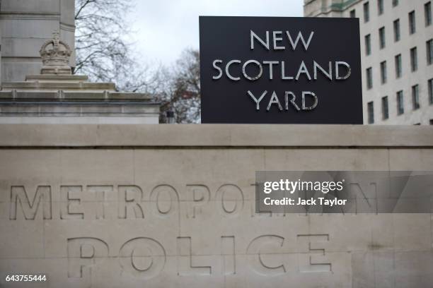 The New Scotland Yard logo is displayed on a revolving sign outside the Curtis Green Building, the new home of the Metropolitan Police on February...