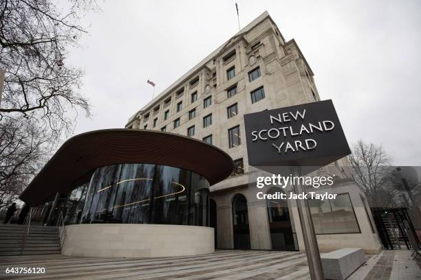 The New Scotland Yard logo is displayed on a revolving sign outside the Curtis Green Building, the new home of the Metropolitan Police on February...