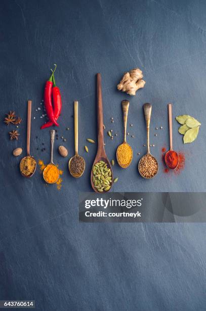 variety of herbs and spices on slate background. - indian spice stock pictures, royalty-free photos & images