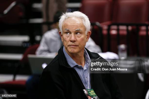 Mitch Kupchak, General Manager of the Los Angeles Lakers watches the game between the Florida State Seminoles and the Notre Dame Fighting Irish at...