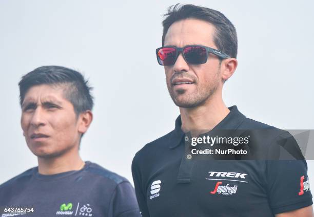 Nairo Quintana from Movistar and Alberto Contador from Trek-Segafredo, at the Abu Dhabi Tour 2017 - Top Riders photo-call, outside the Yas Viceroy...