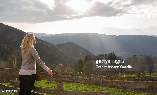 woman looks across mountain scene from rural fence - vista trasera de tres cuartos fotografías e imágenes de stock