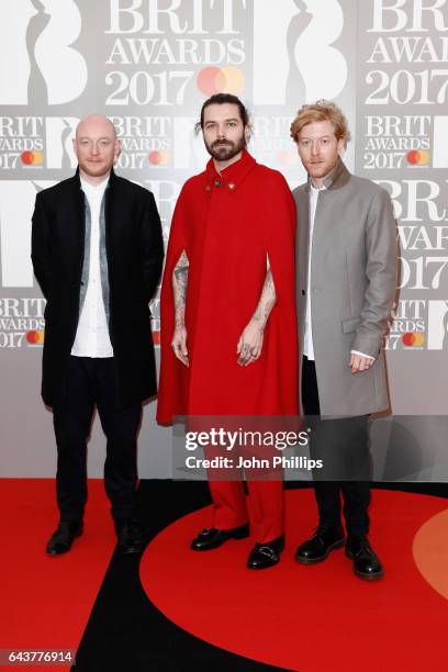 Ben Johnston, Simon Neil and James Johnston of Biffy Clyro attend The BRIT Awards 2017 at The O2 Arena on February 22, 2017 in London, England.