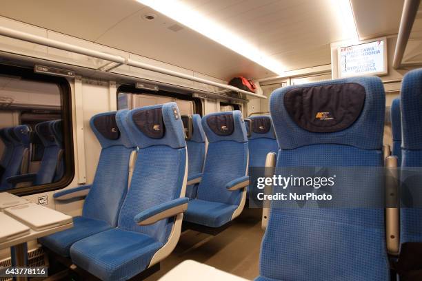 Seats inside the new intercity train travelling between Warsaw and Bydgoszcz are een on 21 January, 2107.