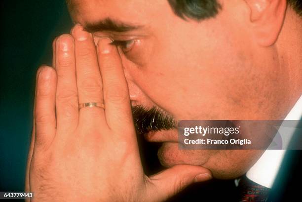 Italian judge Giovanni Falcone attends the launch of the book 'Dieci Anni di Mafia' by Saverio Lodato in October 1991 in Rome, Italy. Falcone was an...