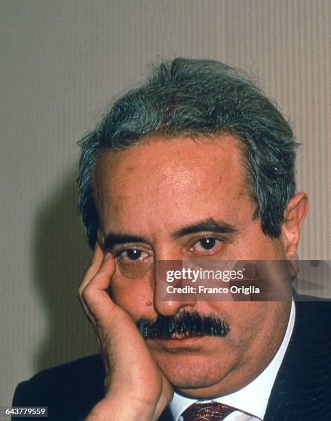 Italian judge Giovanni Falcone attends the launch of the book 'Dieci Anni di Mafia' by Saverio Lodato in October 1991 in Rome, Italy. Falcone was an...