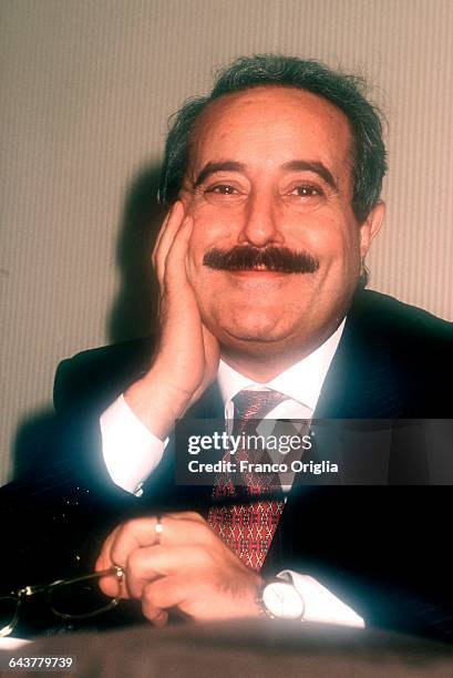 Italian judge Giovanni Falcone attends the launch of the book 'Dieci Anni di Mafia' by Saverio Lodato in October 1991 in Rome, Italy. Falcone was an...