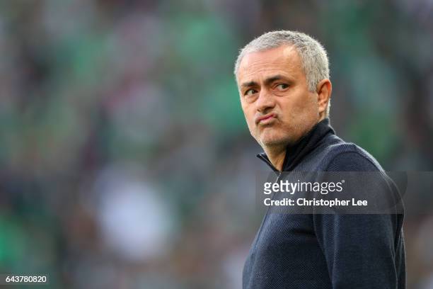 Jose Mourinho, manager of Manchester United looks on before the UEFA Europa League Round of 32 second leg match between AS Saint-Etienne and...