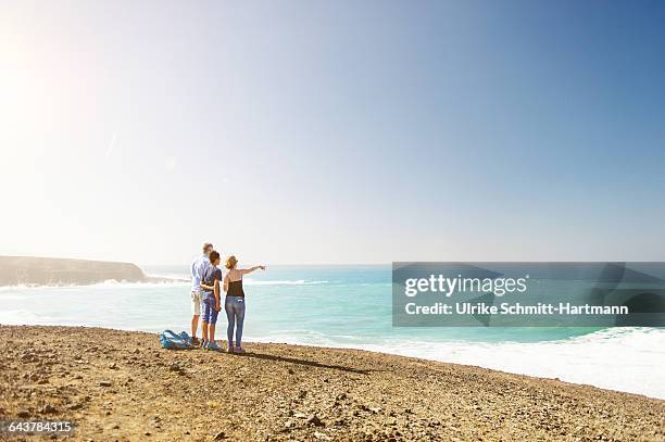 father and teenage children overlooking open sea - family rear view stock pictures, royalty-free photos & images