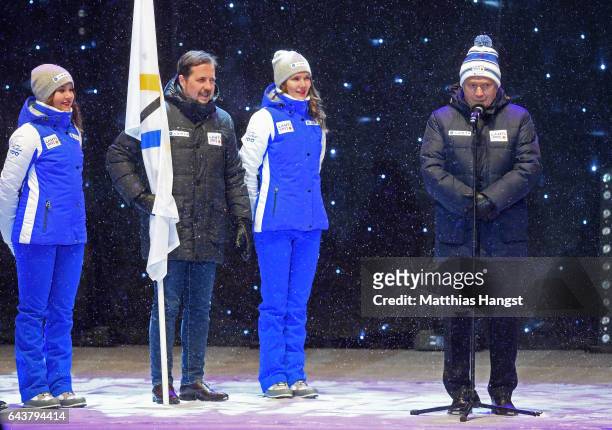 Sauli Niinisto the President of Finland speaks to the crowd during the Opening Ceremony of the FIS Nordic World Ski Championships at Medal Plaza on...