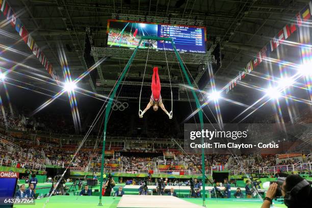 Gymnastics - Olympics: Day 3 Alexander Naddour of the United States performing his Still Rings routine during the Artistic Gymnastics Men's Team...