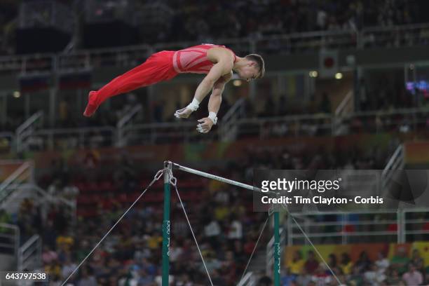 Gymnastics - Olympics: Day 3 Max Whitlock of Great Britain performing his Horizontal Bar routine during the Artistic Gymnastics Men's Team Final at...