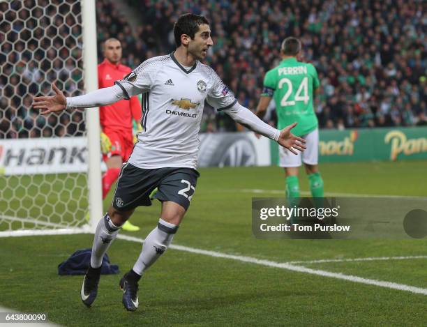 Henrikh Mkhitaryan of Manchester United celebrates scoring their first goal during the UEFA Europa League Round of 32 second leg match between AS...