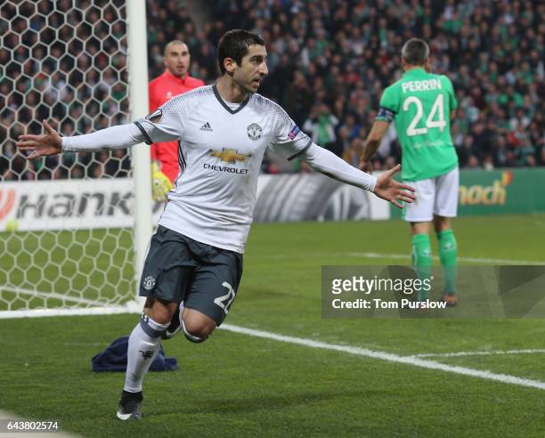 Henrikh Mkhitaryan of Manchester United celebrates scoring their first goal during the UEFA Europa League Round of 32 second leg match between AS...