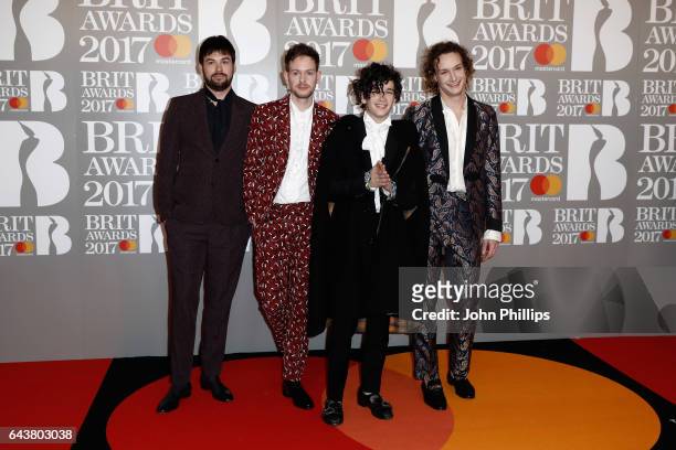 Ross McDonald, Matt Healy, George Daniel and Adam Hann of The 1975 attend The BRIT Awards 2017 at The O2 Arena on February 22, 2017 in London,...