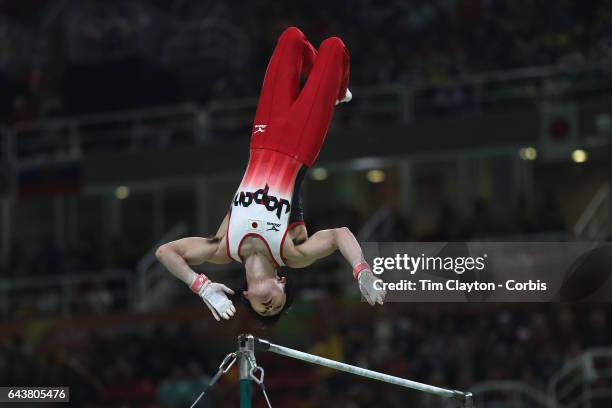 Gymnastics - Olympics: Day 3 Kohei Uchimura of Japan performing his Horizontal Bar routine during the Artistic Gymnastics Men's Team Final at the Rio...