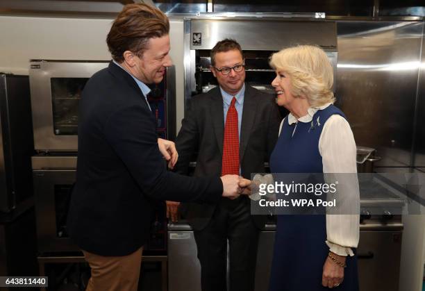 Camilla, Duchess of Cornwall meets Jamie Oliver and Hugh Fearnley-Whittingstall in the kitchen during a reception to launch The Great Get Together at...