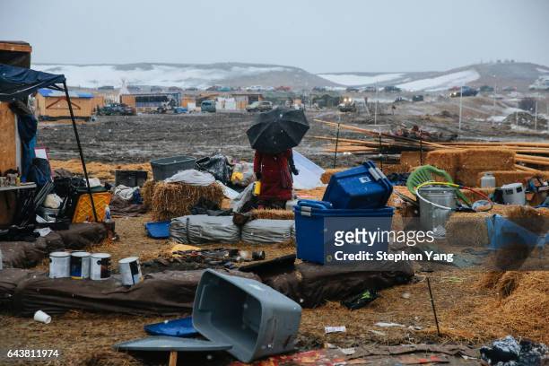 Campers prepare for the Army Corp's 2pm deadline to leave the Oceti Sakowin protest camp on February 22, 2017 in Cannon Ball, North Dakota. Activists...
