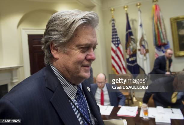 White House Chief Strategist Stephen Bannon arrives for a meeting with US President Donald Trump about the federal budget in the Roosevelt Room at...