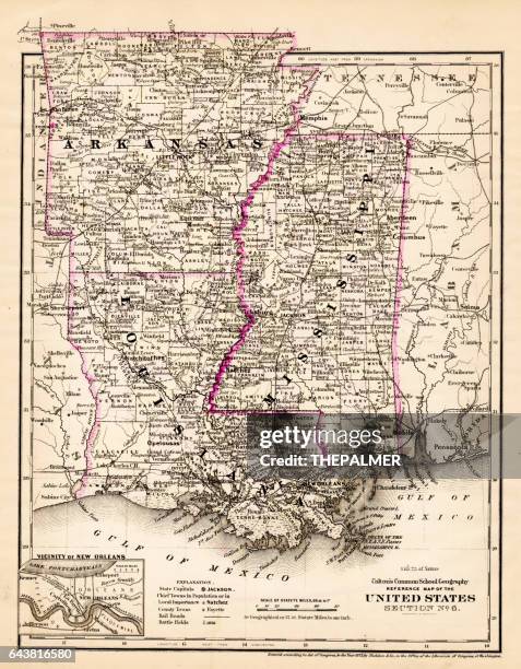 arkansas louisiana pississippi map 1881 - mississippi stock illustrations