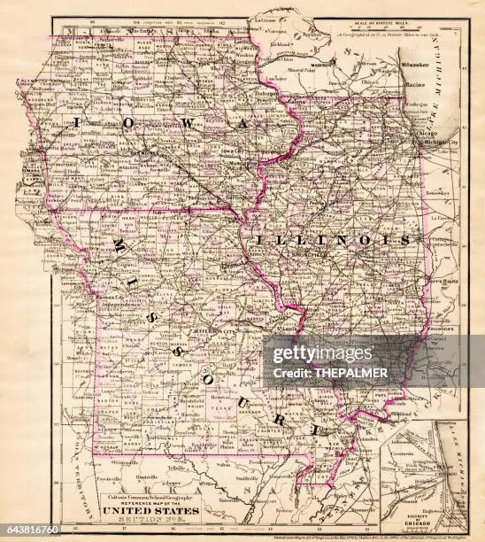 iowa missouri illinois map 1881 - missouri map stock illustrations