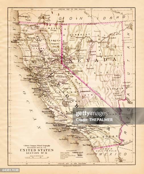 california nevada map 1881 - nevada map stock illustrations