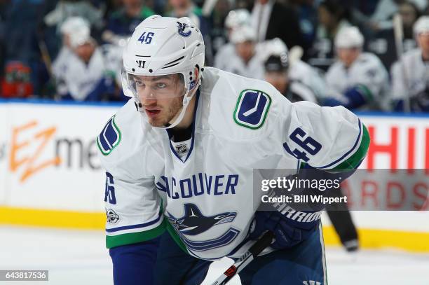 Jayson Megna of the Vancouver Canucks skates against the Buffalo Sabres during an NHL game at the KeyBank Center on February 12, 2017 in Buffalo, New...