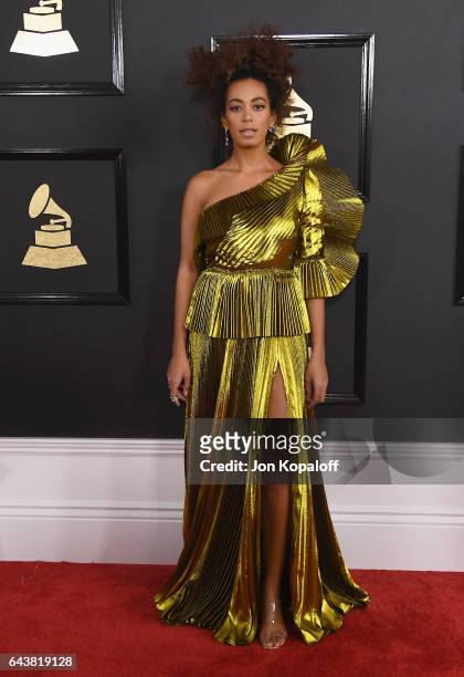 Singer Solange Knowles arrives at the 59th GRAMMY Awards at the Staples Center on February 12, 2017 in Los Angeles, California.