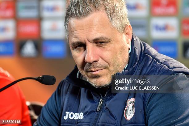 Astra Giurgiu's head coach Marius Sumudica attends a press conference on February 22 in Genk, on the eve of the UEFA Europa League football match...