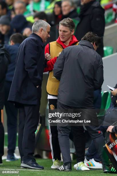 Bastian Schweinsteiger of Manchester United speaks with Jose Mourinho, manager of Manchester United on the touchline during the UEFA Europa League...