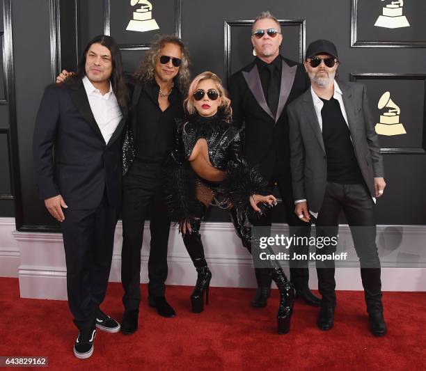 Recording artist Lady Gaga and recording artists Robert Trujillo, Kirk Hammett, James Hetfield, and Lars Ulrich of music group Metallica arrive at...