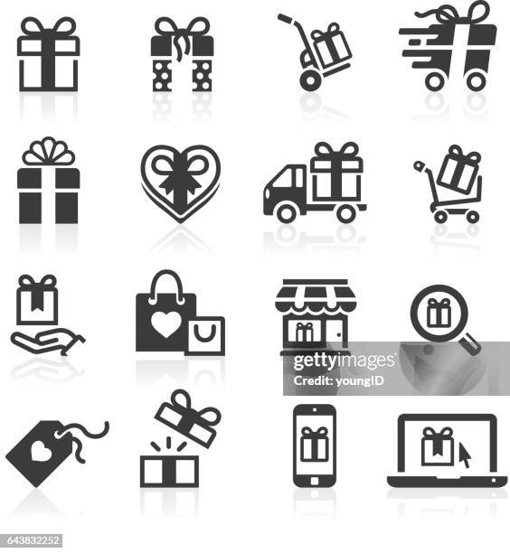 stockillustraties, clipart, cartoons en iconen met cadeau geven en winkelen pictogrammen - shopping trolleys
