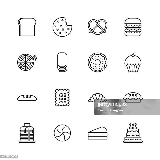 baked bakery bread icons - line - sponge roulade stock illustrations