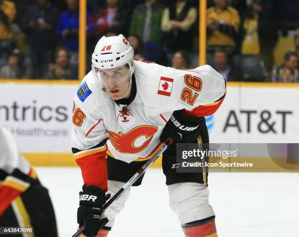 Calgary Flames defenseman Michael Stone is shown during the NHL game between the Nashville Predators and the Calgary Flames, held on February 21 at...