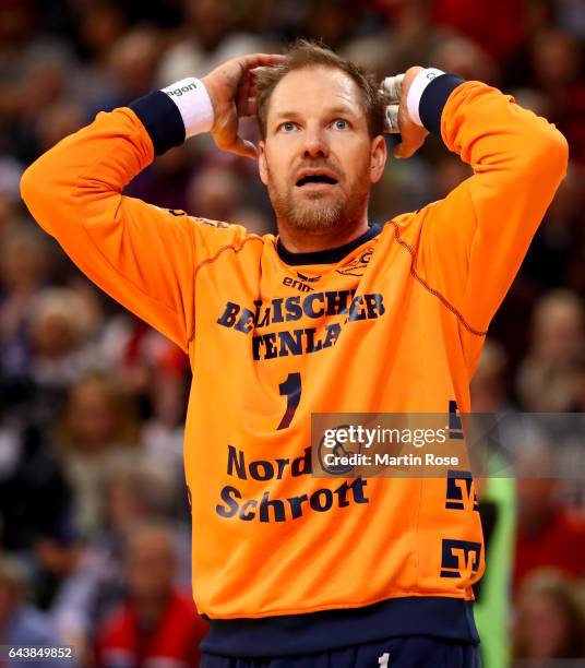 Mattias Andersson, goaltender of Flensburg reacts during the DKB HBL Bundesliga match between SG Flensburg-Handewitt and TSV Hannover-Burgdorf on...