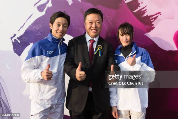 Jockey Yutaka Take, Macau Jockey Club CEO Thomas Li, Jockey Nanako Fujita at Taipa Racecourse on January 21, 2017 in Macau, Macau.