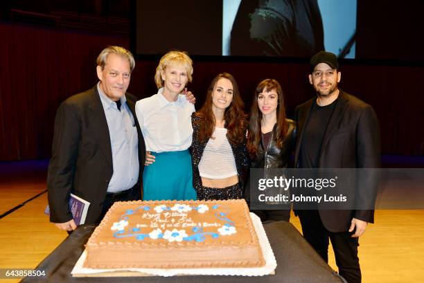 Author Paul Auster, Siri Hustvedt, Singer Sophie Auster, Brittany Anjou and Magicians David Blaine and pose for picture onstage after reading from...