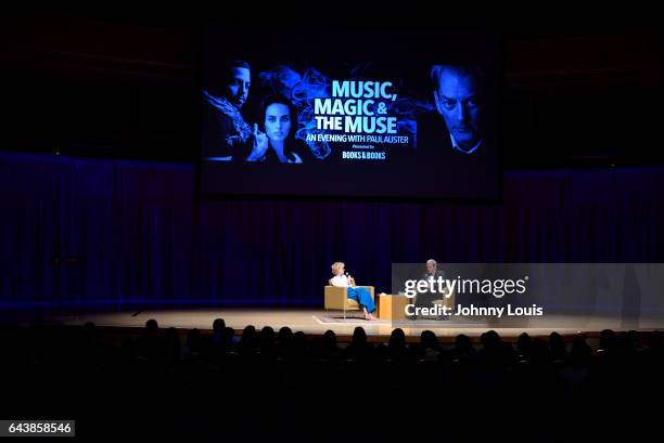 Author Siri Hustvedt and Paul Auster during a Q&A about his latest novel, "4 3 2 1" during A Evening with Paul Auster & friends! MUSIC, MAGIC & THE...